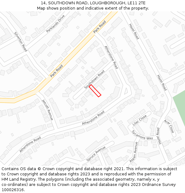 14, SOUTHDOWN ROAD, LOUGHBOROUGH, LE11 2TE: Location map and indicative extent of plot