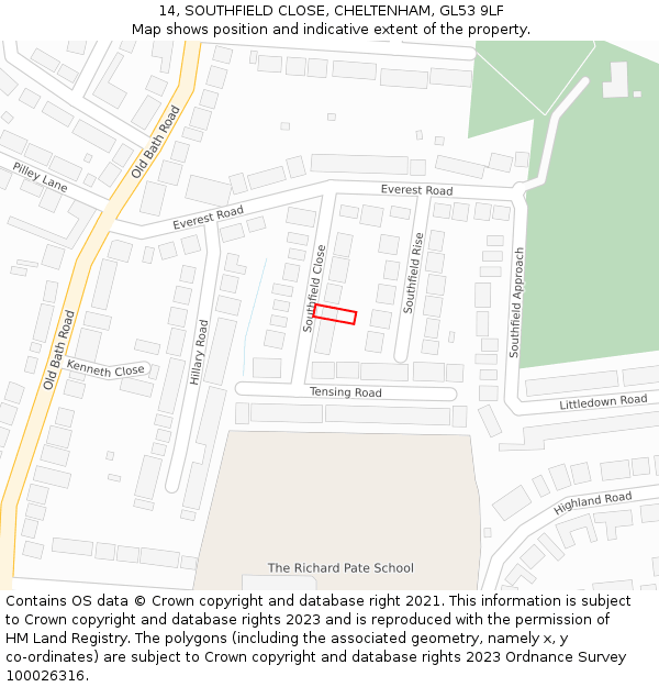 14, SOUTHFIELD CLOSE, CHELTENHAM, GL53 9LF: Location map and indicative extent of plot