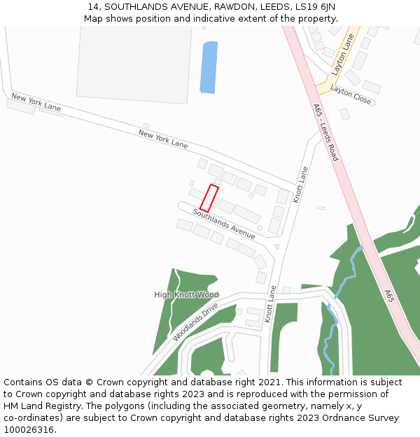 14, SOUTHLANDS AVENUE, RAWDON, LEEDS, LS19 6JN: Location map and indicative extent of plot