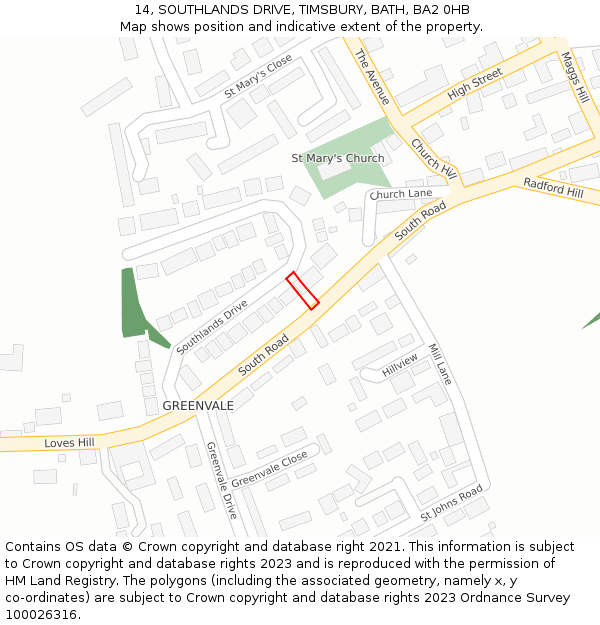 14, SOUTHLANDS DRIVE, TIMSBURY, BATH, BA2 0HB: Location map and indicative extent of plot