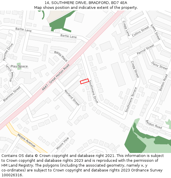 14, SOUTHMERE DRIVE, BRADFORD, BD7 4EA: Location map and indicative extent of plot