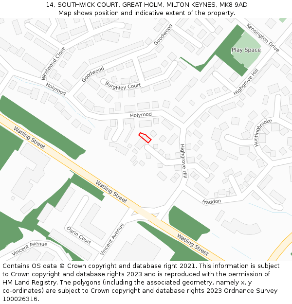 14, SOUTHWICK COURT, GREAT HOLM, MILTON KEYNES, MK8 9AD: Location map and indicative extent of plot