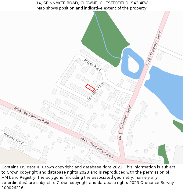 14, SPINNAKER ROAD, CLOWNE, CHESTERFIELD, S43 4FW: Location map and indicative extent of plot