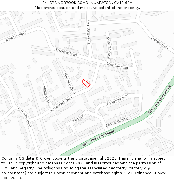 14, SPRINGBROOK ROAD, NUNEATON, CV11 6PA: Location map and indicative extent of plot