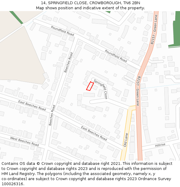 14, SPRINGFIELD CLOSE, CROWBOROUGH, TN6 2BN: Location map and indicative extent of plot