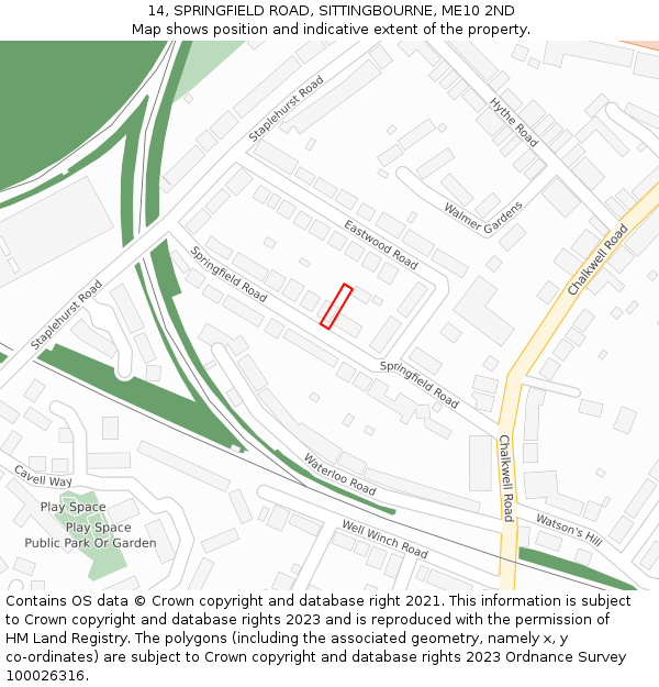 14, SPRINGFIELD ROAD, SITTINGBOURNE, ME10 2ND: Location map and indicative extent of plot