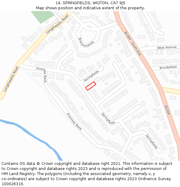 14, SPRINGFIELDS, WIGTON, CA7 9JS: Location map and indicative extent of plot