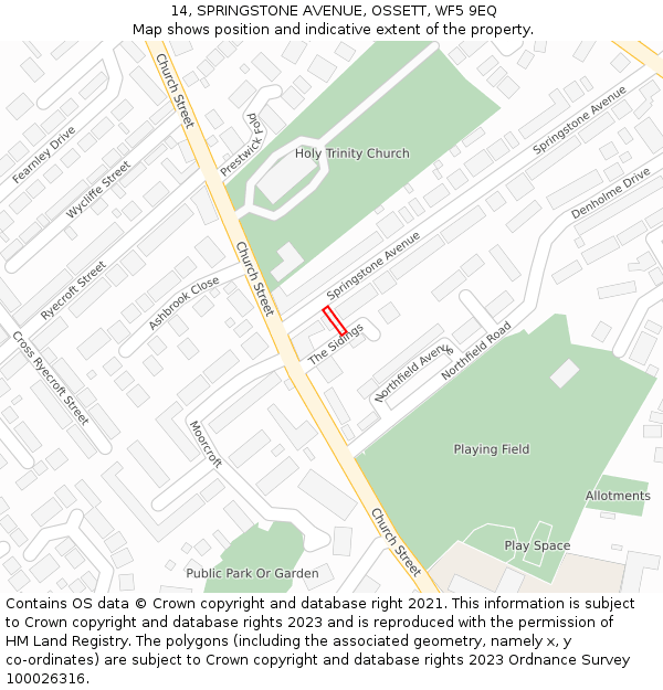 14, SPRINGSTONE AVENUE, OSSETT, WF5 9EQ: Location map and indicative extent of plot