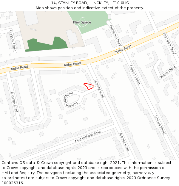 14, STANLEY ROAD, HINCKLEY, LE10 0HS: Location map and indicative extent of plot