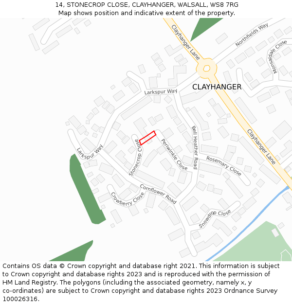 14, STONECROP CLOSE, CLAYHANGER, WALSALL, WS8 7RG: Location map and indicative extent of plot