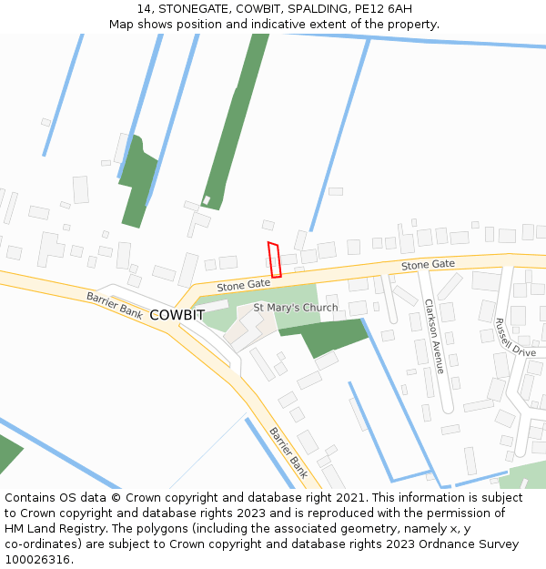 14, STONEGATE, COWBIT, SPALDING, PE12 6AH: Location map and indicative extent of plot