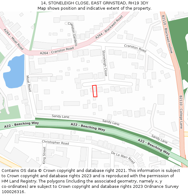 14, STONELEIGH CLOSE, EAST GRINSTEAD, RH19 3DY: Location map and indicative extent of plot