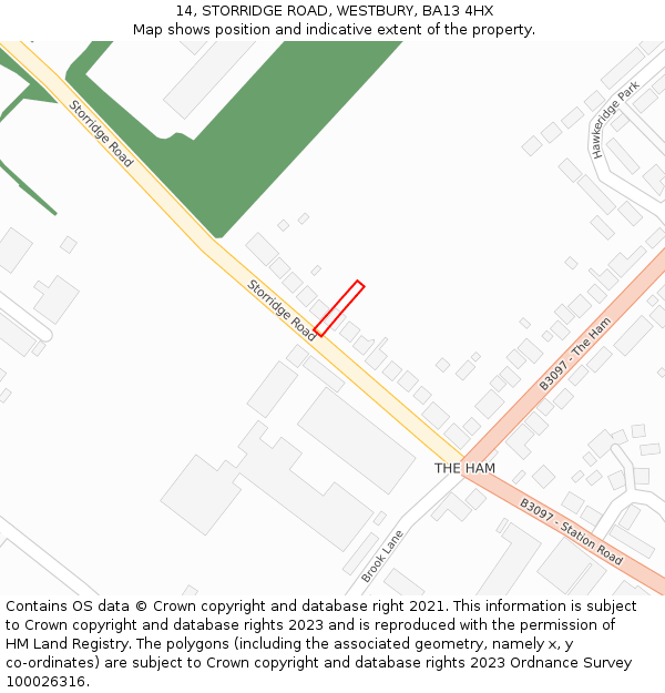 14, STORRIDGE ROAD, WESTBURY, BA13 4HX: Location map and indicative extent of plot