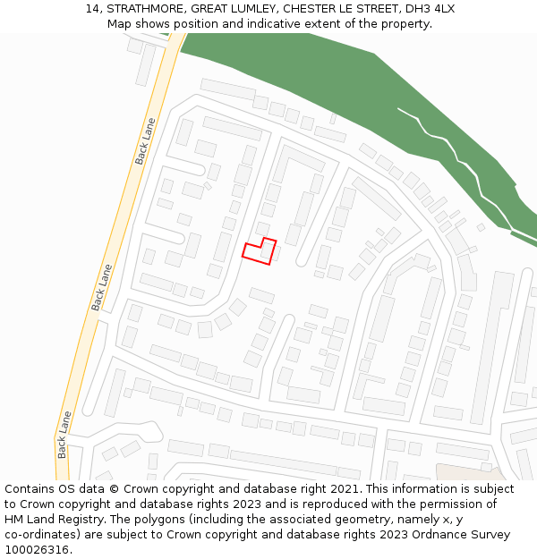 14, STRATHMORE, GREAT LUMLEY, CHESTER LE STREET, DH3 4LX: Location map and indicative extent of plot