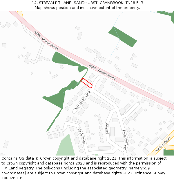 14, STREAM PIT LANE, SANDHURST, CRANBROOK, TN18 5LB: Location map and indicative extent of plot