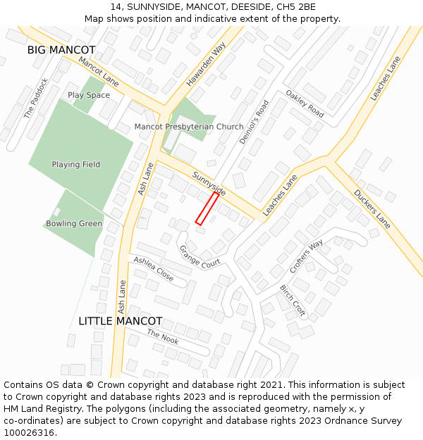 14, SUNNYSIDE, MANCOT, DEESIDE, CH5 2BE: Location map and indicative extent of plot