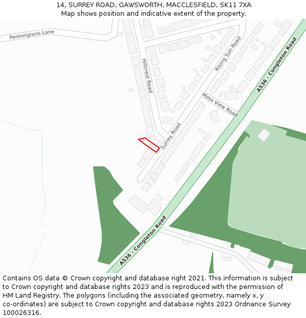 14, SURREY ROAD, GAWSWORTH, MACCLESFIELD, SK11 7XA: Location map and indicative extent of plot