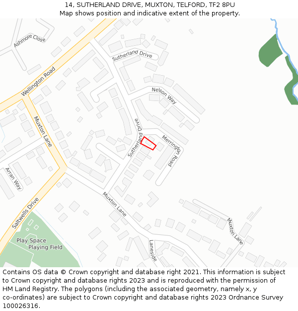 14, SUTHERLAND DRIVE, MUXTON, TELFORD, TF2 8PU: Location map and indicative extent of plot