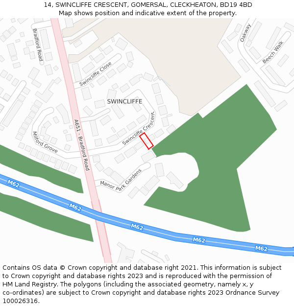 14, SWINCLIFFE CRESCENT, GOMERSAL, CLECKHEATON, BD19 4BD: Location map and indicative extent of plot