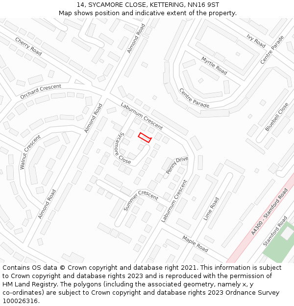 14, SYCAMORE CLOSE, KETTERING, NN16 9ST: Location map and indicative extent of plot