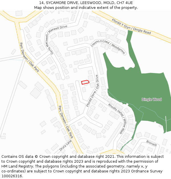 14, SYCAMORE DRIVE, LEESWOOD, MOLD, CH7 4UE: Location map and indicative extent of plot