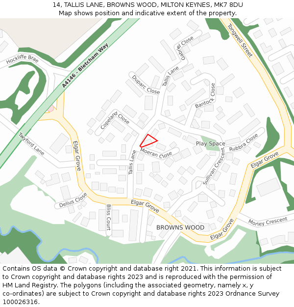 14, TALLIS LANE, BROWNS WOOD, MILTON KEYNES, MK7 8DU: Location map and indicative extent of plot