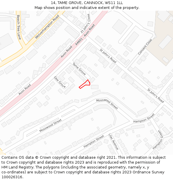 14, TAME GROVE, CANNOCK, WS11 1LL: Location map and indicative extent of plot