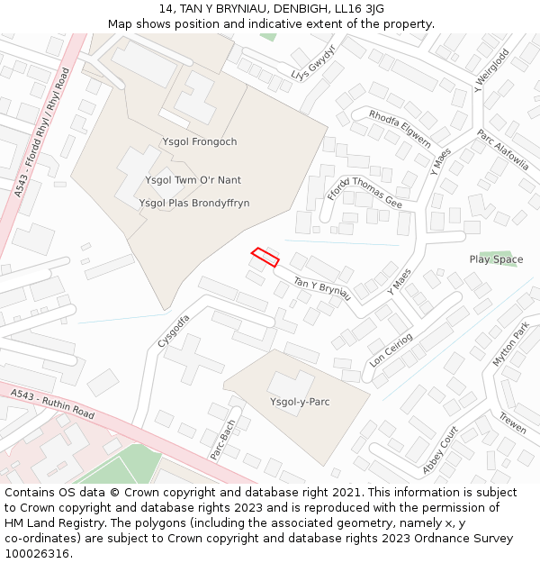14, TAN Y BRYNIAU, DENBIGH, LL16 3JG: Location map and indicative extent of plot