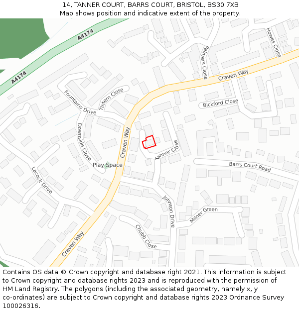 14, TANNER COURT, BARRS COURT, BRISTOL, BS30 7XB: Location map and indicative extent of plot