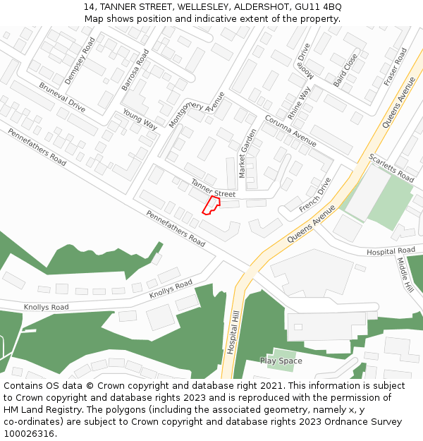 14, TANNER STREET, WELLESLEY, ALDERSHOT, GU11 4BQ: Location map and indicative extent of plot