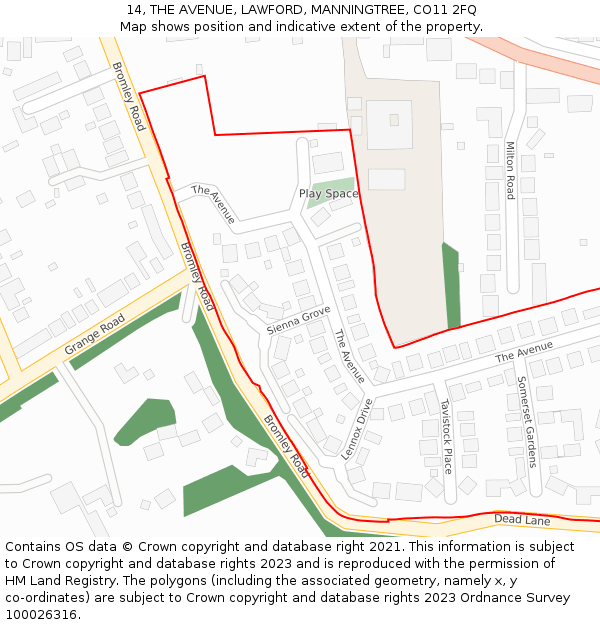 14, THE AVENUE, LAWFORD, MANNINGTREE, CO11 2FQ: Location map and indicative extent of plot