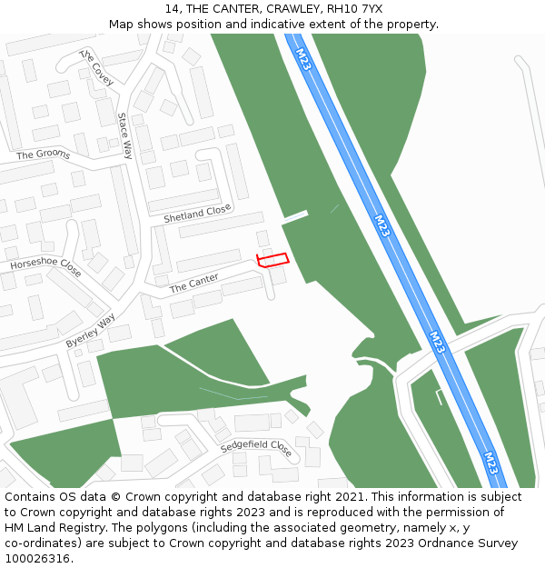 14, THE CANTER, CRAWLEY, RH10 7YX: Location map and indicative extent of plot