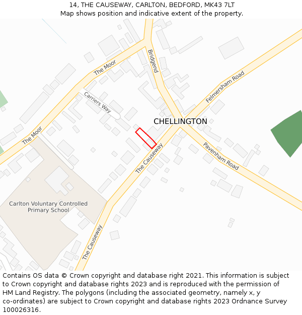 14, THE CAUSEWAY, CARLTON, BEDFORD, MK43 7LT: Location map and indicative extent of plot