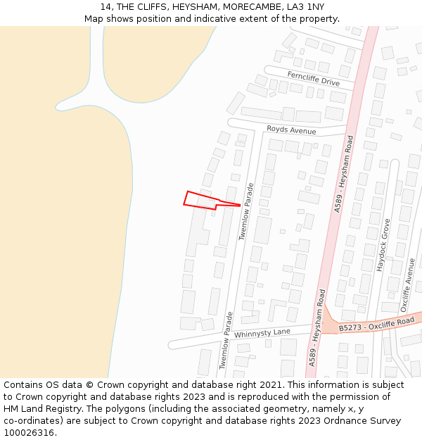 14, THE CLIFFS, HEYSHAM, MORECAMBE, LA3 1NY: Location map and indicative extent of plot
