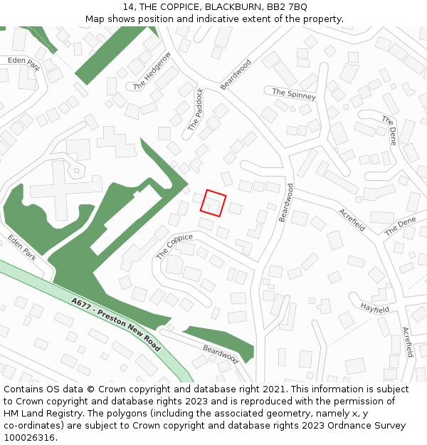 14, THE COPPICE, BLACKBURN, BB2 7BQ: Location map and indicative extent of plot