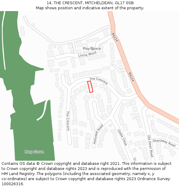 14, THE CRESCENT, MITCHELDEAN, GL17 0SB: Location map and indicative extent of plot