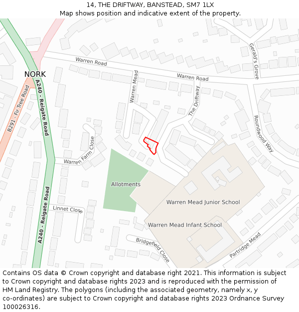 14, THE DRIFTWAY, BANSTEAD, SM7 1LX: Location map and indicative extent of plot