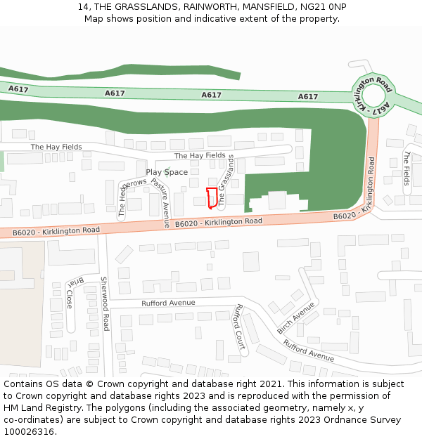 14, THE GRASSLANDS, RAINWORTH, MANSFIELD, NG21 0NP: Location map and indicative extent of plot