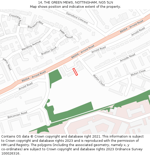 14, THE GREEN MEWS, NOTTINGHAM, NG5 5LN: Location map and indicative extent of plot