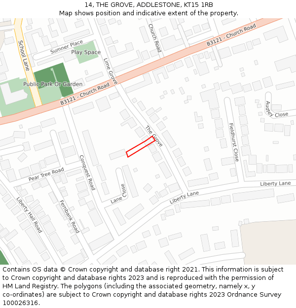 14, THE GROVE, ADDLESTONE, KT15 1RB: Location map and indicative extent of plot