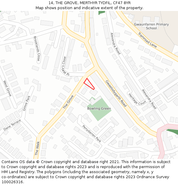 14, THE GROVE, MERTHYR TYDFIL, CF47 8YR: Location map and indicative extent of plot