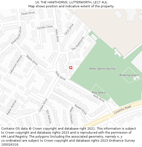 14, THE HAWTHORNS, LUTTERWORTH, LE17 4UL: Location map and indicative extent of plot