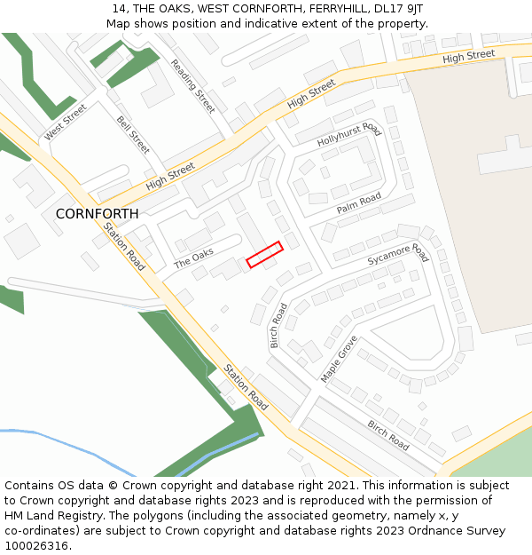 14, THE OAKS, WEST CORNFORTH, FERRYHILL, DL17 9JT: Location map and indicative extent of plot