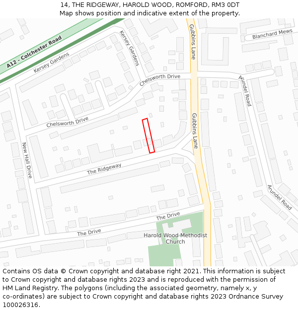 14, THE RIDGEWAY, HAROLD WOOD, ROMFORD, RM3 0DT: Location map and indicative extent of plot