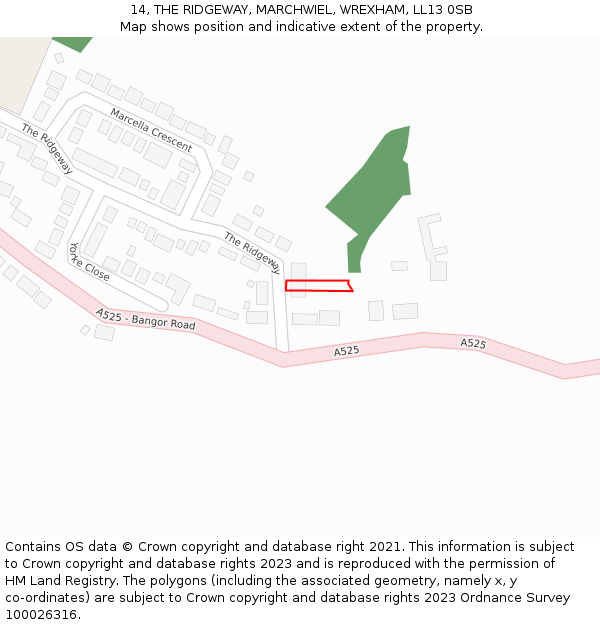 14, THE RIDGEWAY, MARCHWIEL, WREXHAM, LL13 0SB: Location map and indicative extent of plot