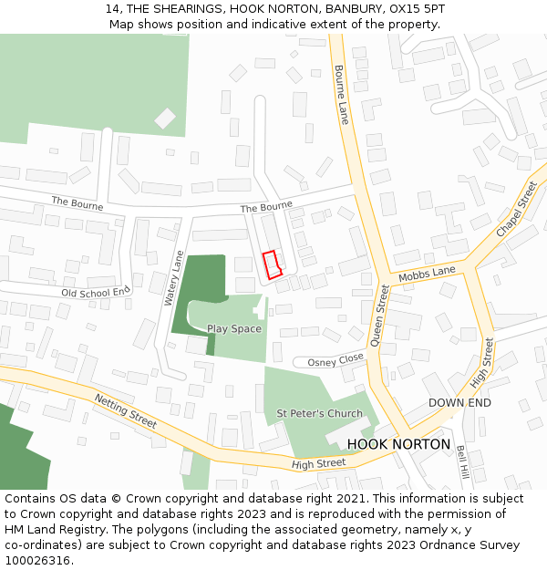 14, THE SHEARINGS, HOOK NORTON, BANBURY, OX15 5PT: Location map and indicative extent of plot