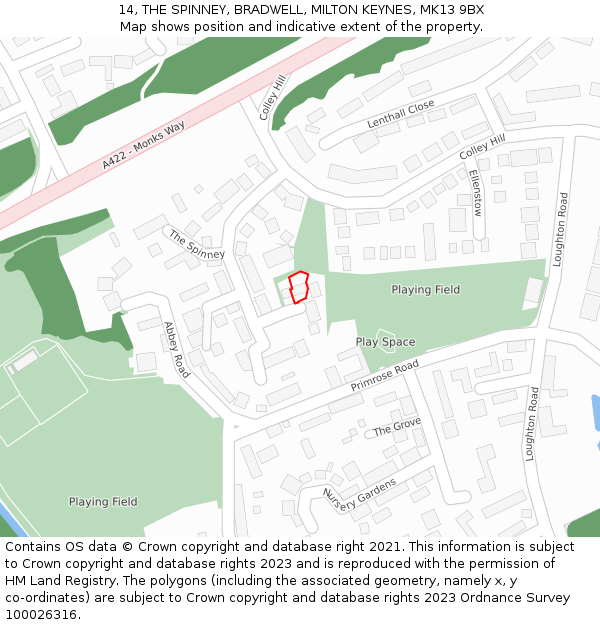 14, THE SPINNEY, BRADWELL, MILTON KEYNES, MK13 9BX: Location map and indicative extent of plot