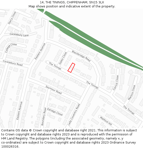14, THE TININGS, CHIPPENHAM, SN15 3LX: Location map and indicative extent of plot