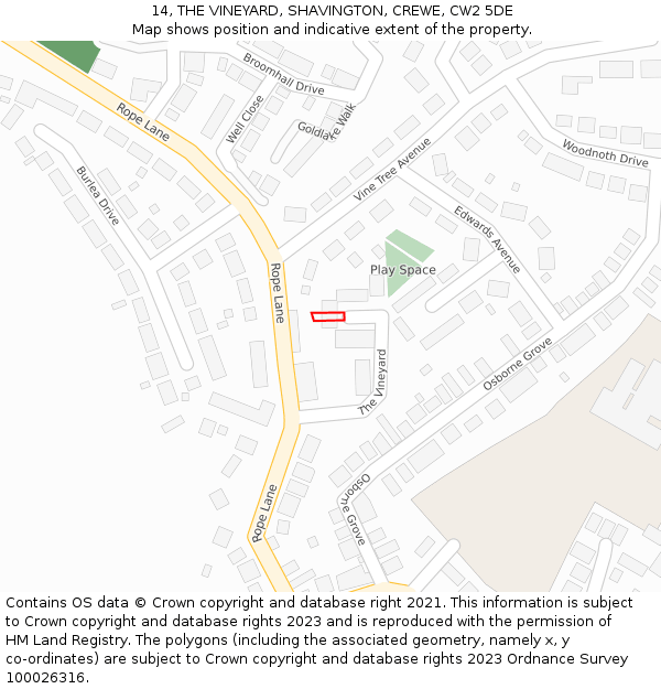 14, THE VINEYARD, SHAVINGTON, CREWE, CW2 5DE: Location map and indicative extent of plot