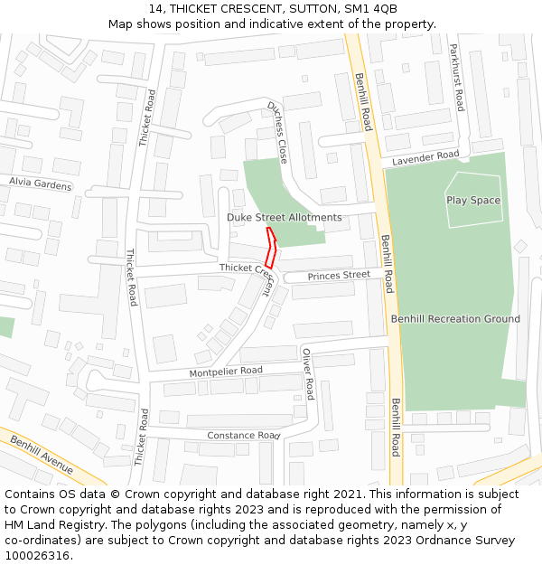 14, THICKET CRESCENT, SUTTON, SM1 4QB: Location map and indicative extent of plot